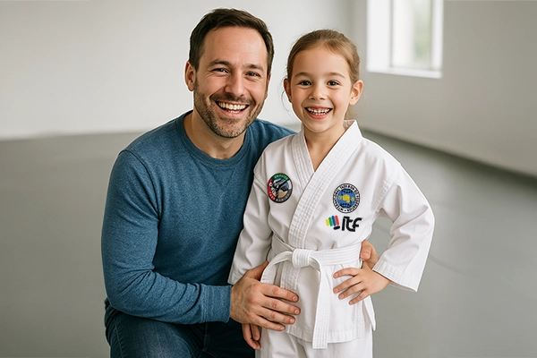Parent & child smiling after class