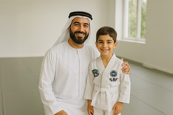 Parent & child smiling after class