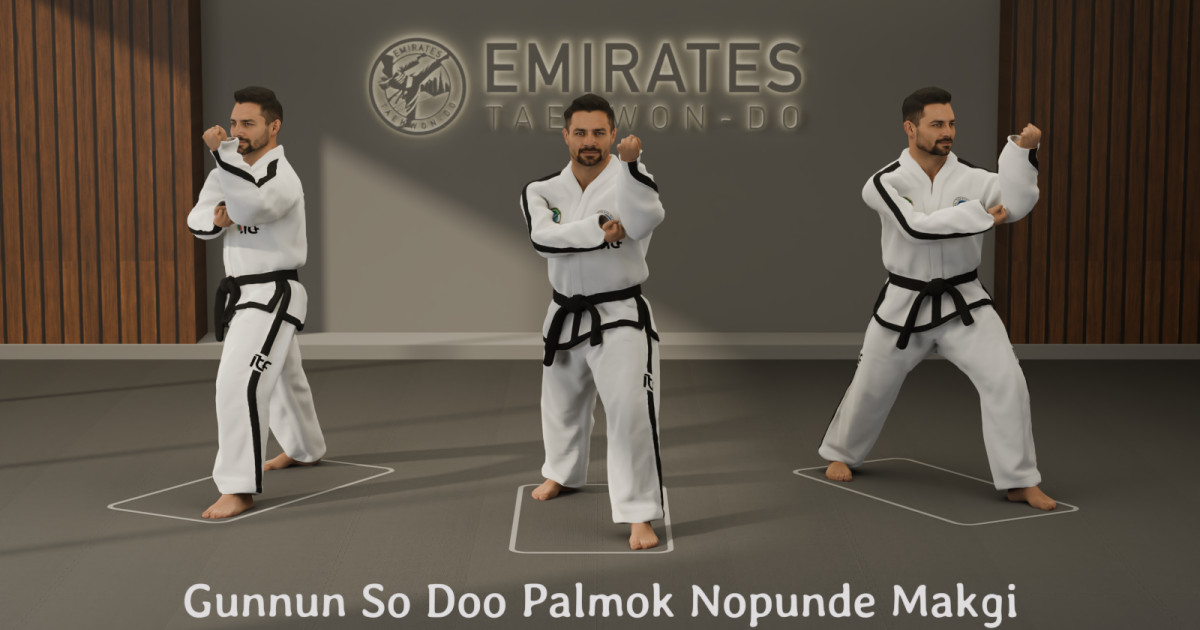 Walking stance double forearm high block (Gunnun So Doo Palmok Nopunde Makgi) technical reference cover image