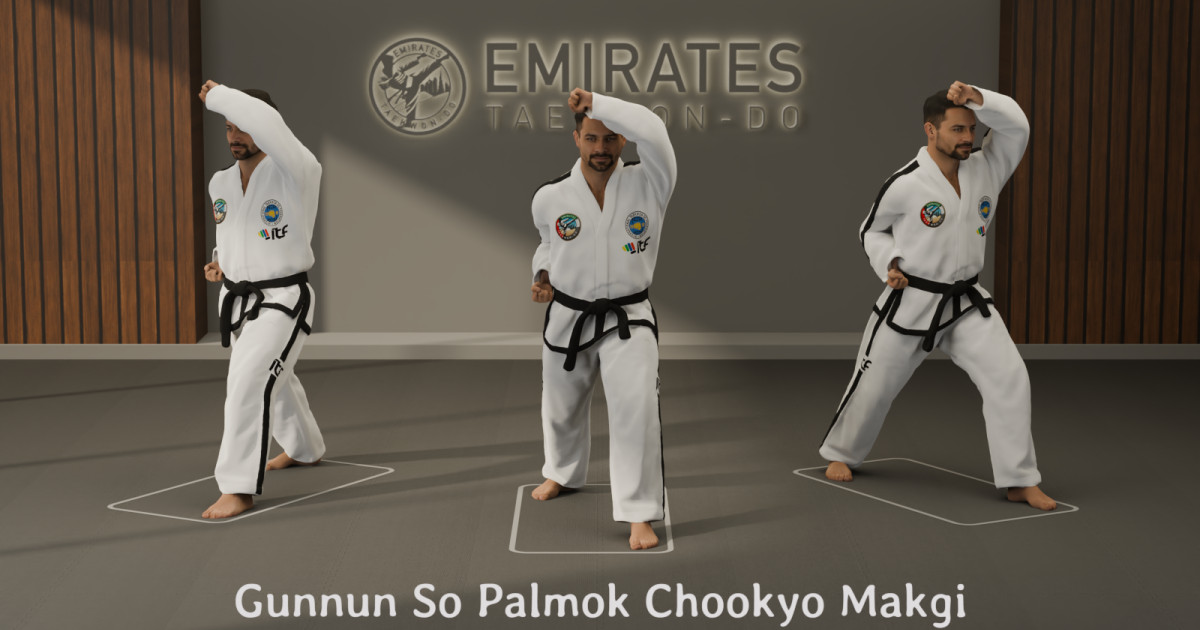 Walking stance forearm rising block (Gunnun So Palmok Chookyo Makgi) technical reference cover image
