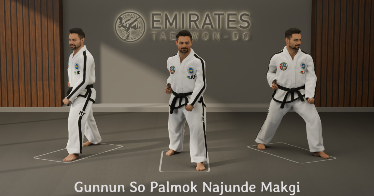 Walking stance outer forearm low block (Gunnun So Bakat Palmok Najunde Makgi) technical reference cover image